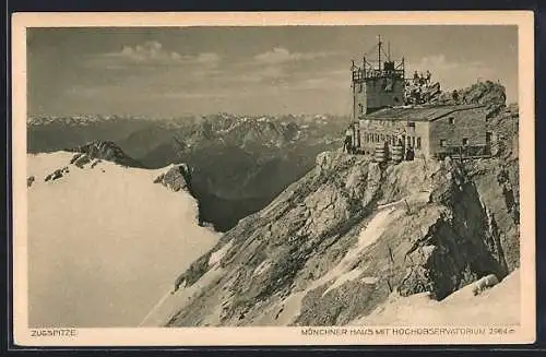 AK Münchner-Haus mit Hochobservatorium auf der Zugspitze, Blick hinüber zur Berghütte