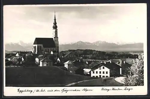 AK Eggelsberg, Teilansicht mit Kirche und den Bayerischen Alpen