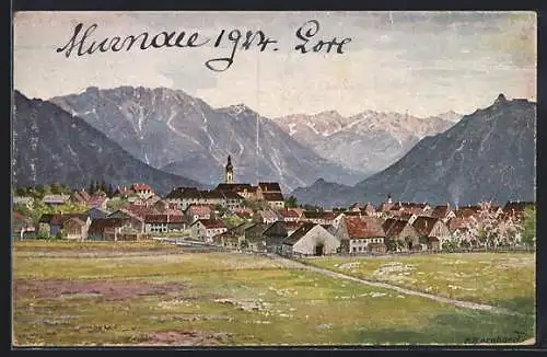 Künstler-AK Murnau / Staffelsee, Blick über Ortschaft mit Bergen