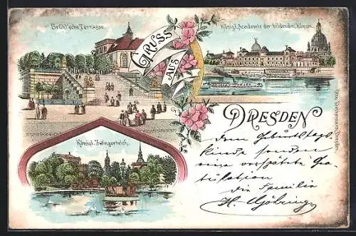 Lithographie Dresden, Brühl`sche Terrasse, Königl. Akadamie der bildenden Künste, kgl. Zwingerteich