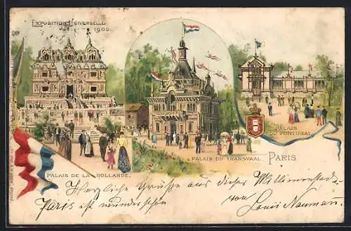 Lithographie Paris, Exposition universelle de 1900, Palais du Transvaal, Palais du Portugal