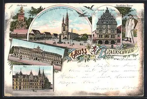 Lithographie Braunschweig, Bordfelder Bauer, Schloss und Abt-Denkmal