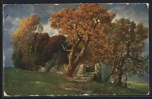 Künstler-AK Hermann Rüdisühli: Weg zum Tempel, Bäume in Herbstfarben