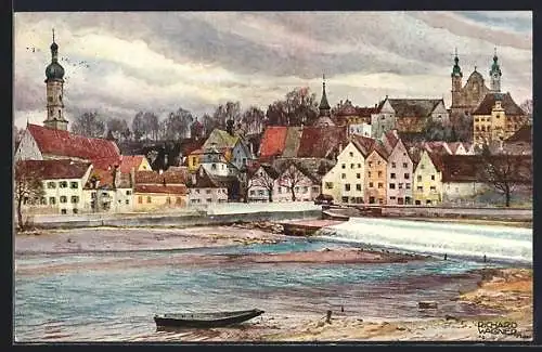 Künstler-AK Landsberg /Lech, Teilansicht vom Wehr aus