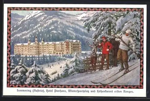 Künstler-AK Semmering, Das verschneite Hotel Panhans, Skifahrer