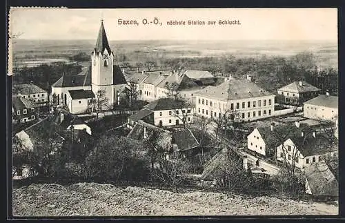 AK Saxen / O.-Ö., Ortsansicht mit Kirche vom Berg aus