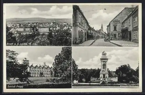 AK Bruck a. d. Leitha, Kirchengasse, Kriegerdenkmal und Schloss Prugg