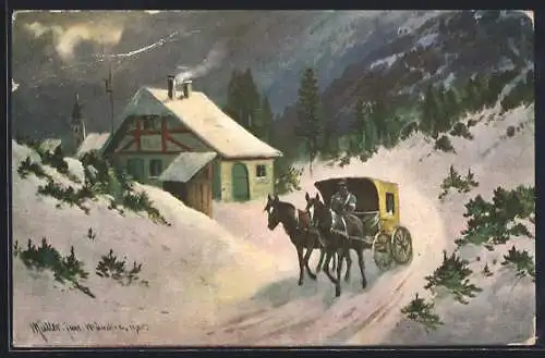 Künstler-AK M. Müller jun.: Postkutsche in winterlicher Landschaft