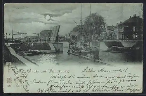 Mondschein-AK Rendsburg, Uferpartie mit Segelboot