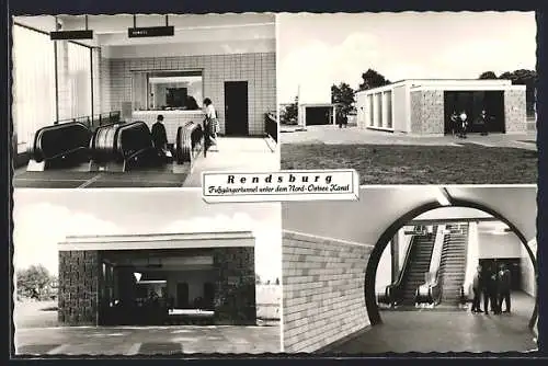 AK Rendsburg, Fussgängertunnel unter dem Nord-Ostsee-Kanal, an der Rolltreppe, Blick durch den Tunnel