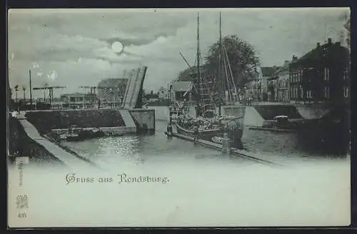 Mondschein-AK Rendsburg, Uferpartie mit Segelboot