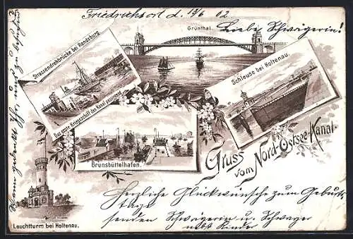 Lithographie Kiel, Schleuse bei Holtenau, Brunsbüttelhafen, Leuchtturm bei Holtenau