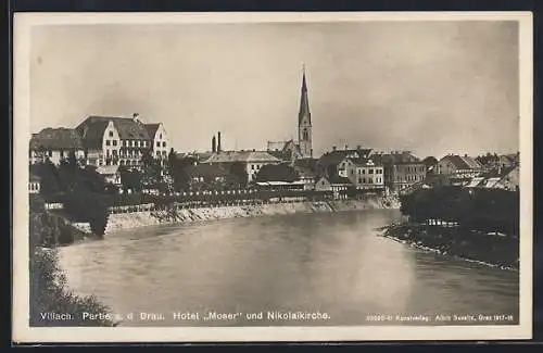 AK Villach, Draupartie mit Hotel Moser und Nikolaikirche