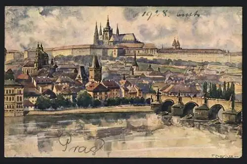 Künstler-AK Ferdinand Engelmüller: Prag, The panorama of the Hradcany and of the Malá Strana