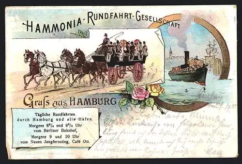 Lithographie Hamburg, Pferdekutsche und Dampfer, Hammonia-Rundfahrt-Gesellschaft