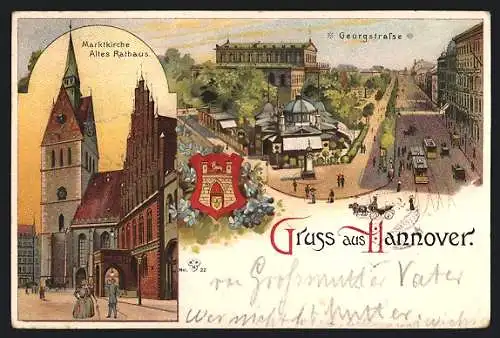 Lithographie Hannover, Cafe Kröpcke und die Georgstrasse, Marktkirche und altes Rathaus