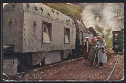 AK Österreichische Soldaten stehen neben einer Militärbahn