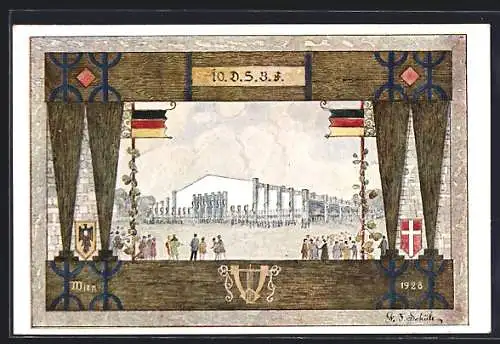 Künstler-AK Wien, 10. Dt. Sängerbundesfest 1928, Sängerhalle, Fahnen, Wappen