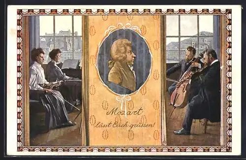 Künstler-AK Salzburg, Musiker mit Violine und Violoncello, Mozart-Portrait