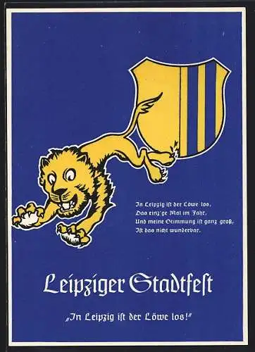 Künstler-AK Leipzig, Stadtfest, Wappen, Löwe, Gedicht