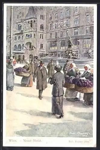 Künstler-AK Wien, neuer Markt mit Brunnen