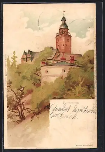 Lithographie Falkenstein / Selketal, Partie mit Turm