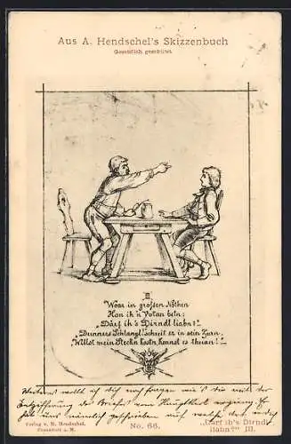 Künstler-AK Albert Hendschel: Därf ih`s Dirndl liabn? III., Zwei Männer sitzen an einem Tisch und streiten sich
