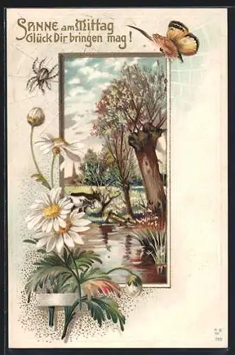 Passepartout-Lithographie Sommer-Idylle, Blumen, Schmetterling und Spinne am Mittag