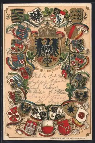 Lithographie Einigkeit macht stark!, Deutsche Wappen, u. a. von Schwarzburg, von Sachsen-Meiningen