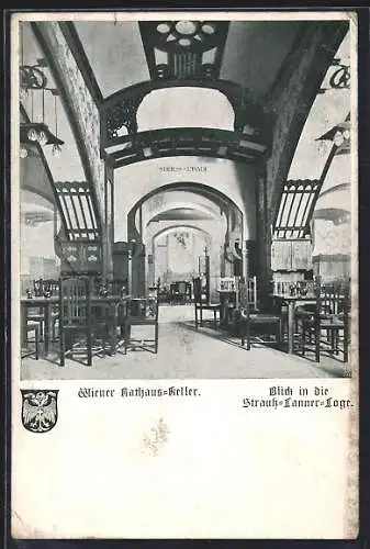 AK Wien, Gaststätte Rathaus-Keller, Blick in die Strauss-Lanner-Loge, Wappen