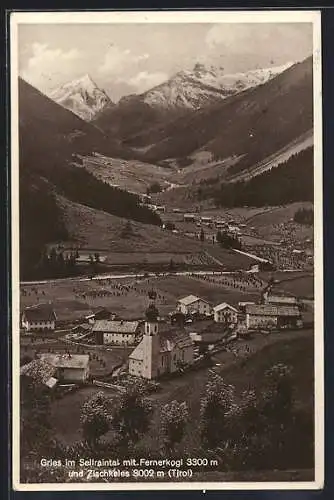 AK Gries im Sellrain, Ortsansicht mit Fernerkogel und Zischkeles