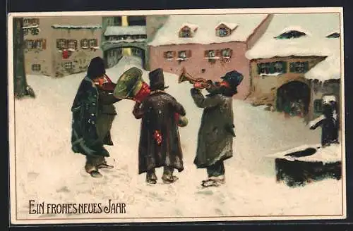 Präge-AK Neujahrsgruss, Musiker mit Trompete und Violine im Schnee