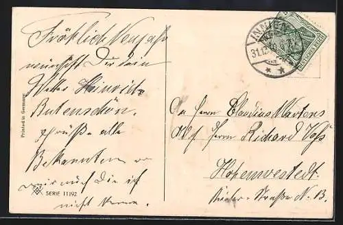 Präge-AK Neujahrsgruss, Musiker mit Trompete und Violine im Schnee