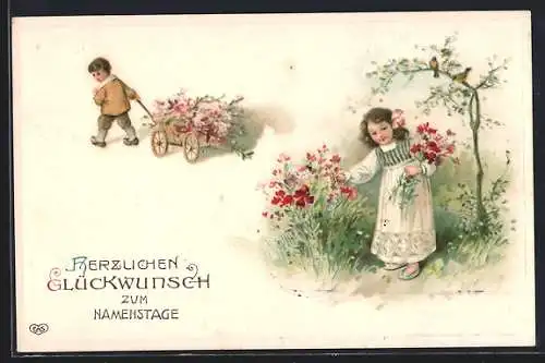 Präge-AK Glückwunsch zum Namenstag, Kinder pflücken Blumen