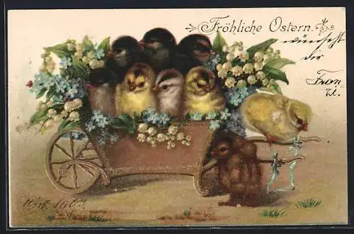 AK Fröhliche Ostern, Osterküken in Schubkarre