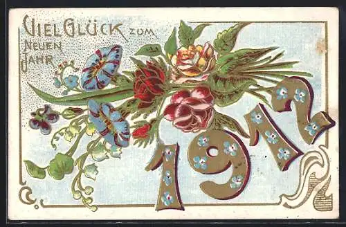 AK Neujahrsgruss 1912, Goldene Zahl mit Blumen