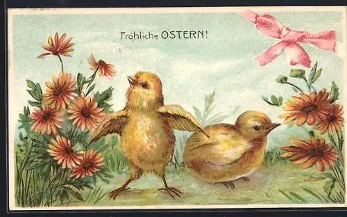 Präge-AK Osterküken auf eienr Blumenwiese