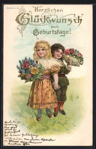 Präge-AK Geburtstagsgruss, Kinder mit Blumensträussen