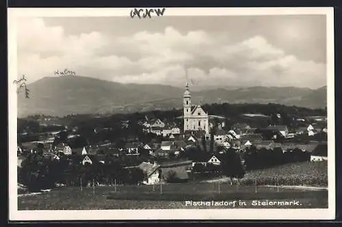 AK Pischelsdorf in Steiermark, Totalansicht mit prominenter Kirche