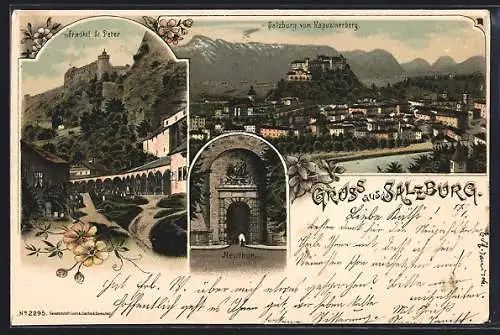 Lithographie Salzburg, Friedhof St. Peter, Neuthor, Ortsansicht vom Kapuzinerberg