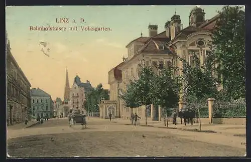 AK Linz a. D., Bahnhofstrasse mit Volksgarten