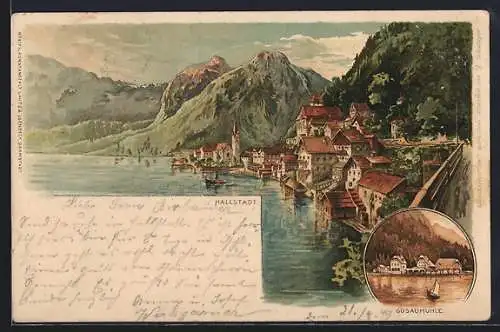 Lithographie Hallstatt, Blick zum Ort mit See und Kirche, Gosaumühle