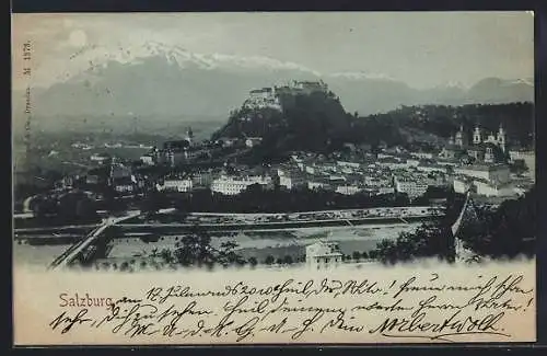 Mondschein-AK Salzburg, Totalansicht mit der Festung