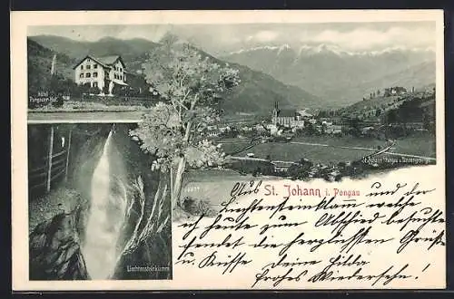 AK St. Johann im Pongau, Gesamtansicht mit dem Tannengebirge, Hotel Pongauer Hof, Liechtensteinklamm