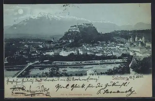 Mondschein-AK Salzburg, Blick hin zur Festung