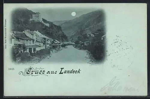 Mondschein-AK Landeck, Teilansicht am Fluss