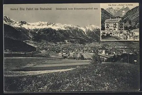 AK Innsbruck, Ortsansicht vom Sonnenburgerhof aus, Hotel Serles in Telfes