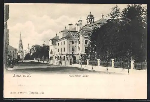 AK Linz a. D., Volksgarten-Salon mit Strassenpartie