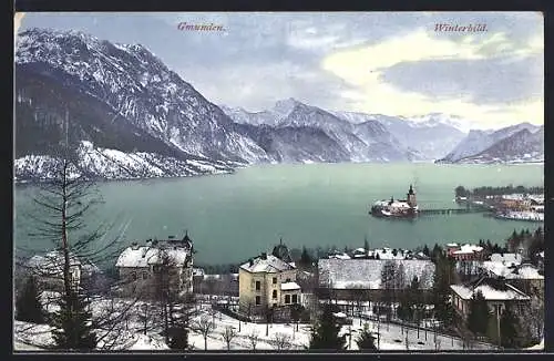 AK Gmunden, Winterbild der gesamten Ansicht