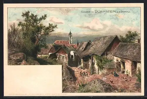 Künstler-AK Dürnstein a. d. Donau, Gasse mit alten Häusern und Blick auf Kirche